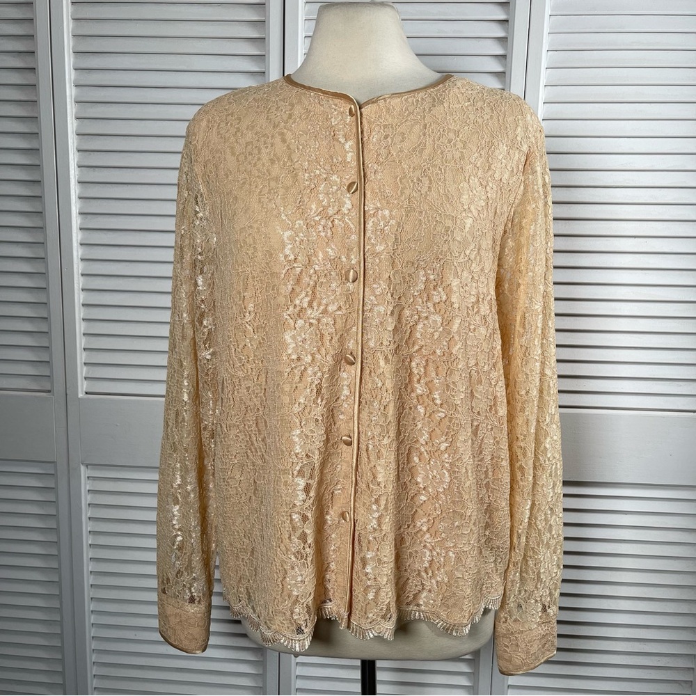 Yves St. Clair Studio Lace Blouse Champagne Floral Sheer Sleeves NWT Size 16 - Picture 1 of 14